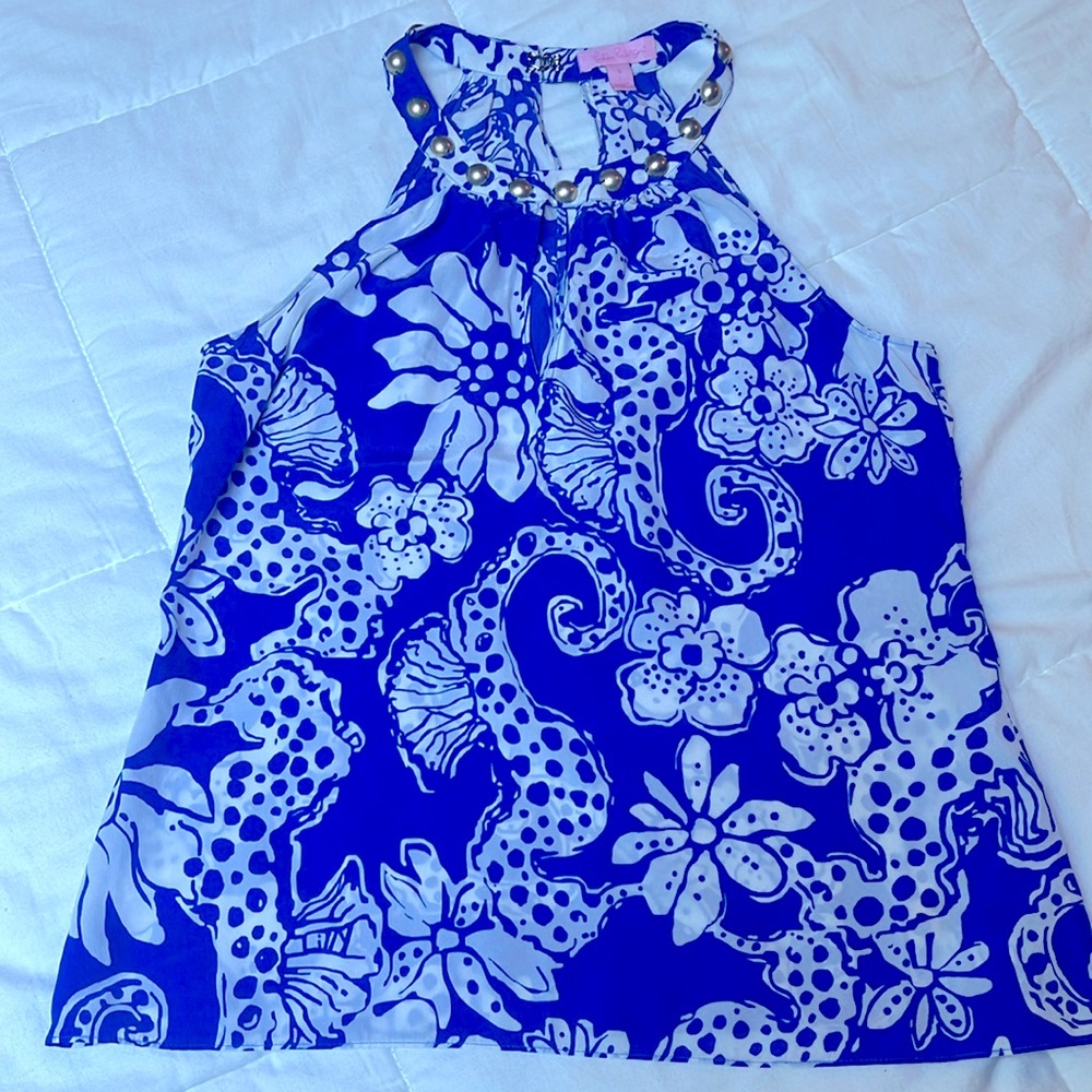 Lilly Pulitzer Size Small Rogan Silk Halter Top Quahog Chowdah Blue White Studs